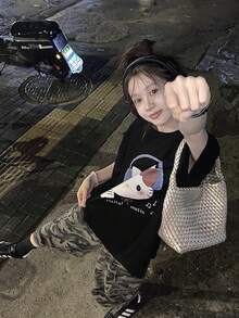 200g Pure Cotton T-Shirt 2025 Summer Ladies New Short Sleeve Pure Cotton Holiday Pattern Short Sleeve Round Neck Couple Wear Small Shirt Tops - 黑色 - 查看 2