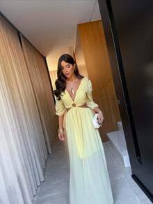 Women's Chiffon Dress With V-Neck, Lining, Rings And Lace-Up Back - Butter Yellow - View 1