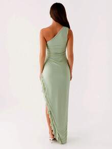 Women's Elegant Ruffle Trim Asymmetric Shoulder Strap Slit Dress