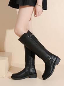 PU Leather Strap Buckle Patchwork Side Zipper Thick Heel Round Toe Casual Comfortable Versatile Autumn/Winter Fashion Boots, Non-Elastic Boot Shaft - Black - View 3