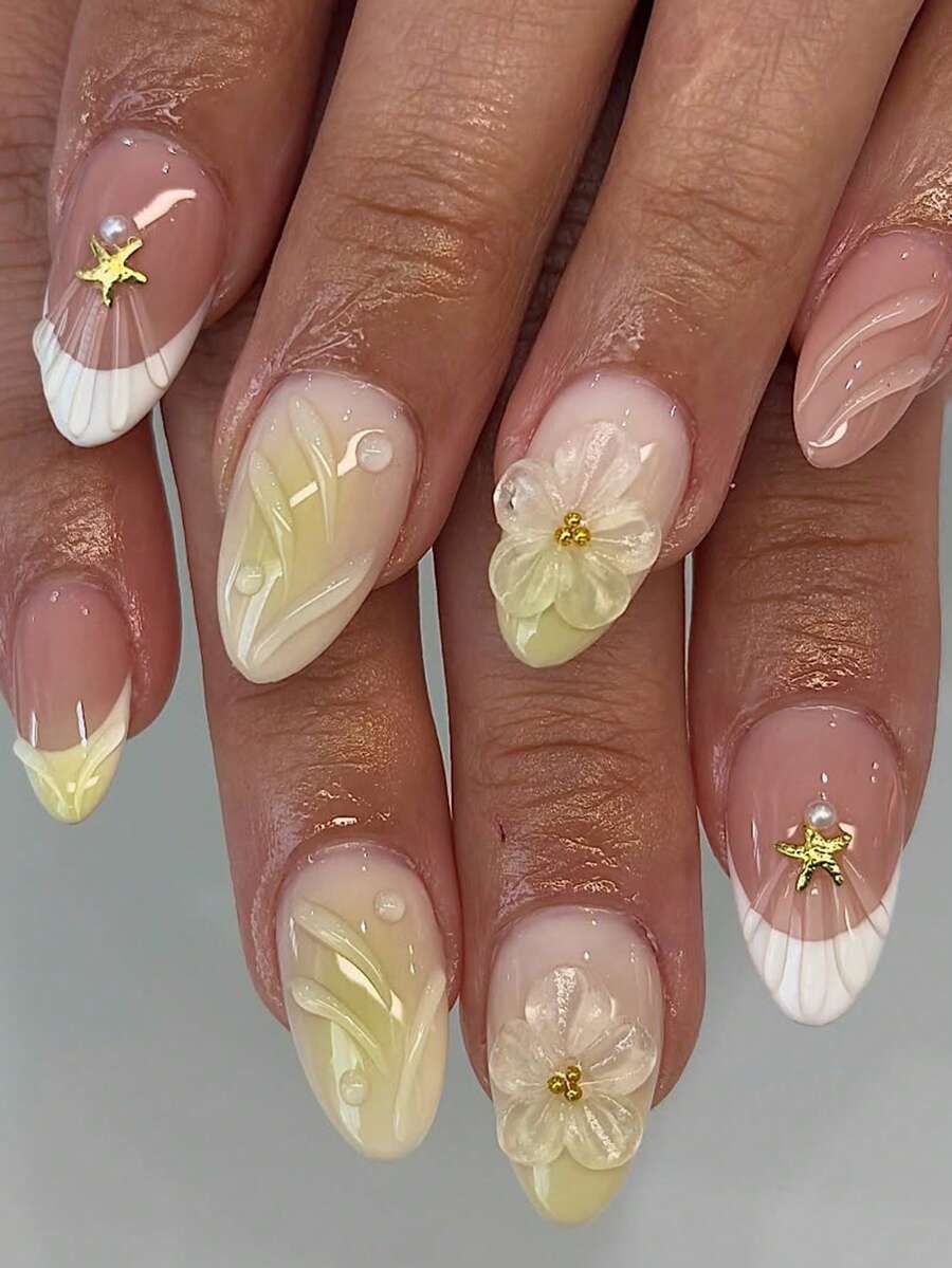 24片短款杏仁指甲贴，白黄法式立体花朵水波纹海星珍珠美人鱼指甲套装（内含：一片果冻胶，1条锉刀），适合女性日常约会派对按压指甲美甲用品美甲