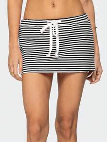 Women Y2k Mini Skirts Solid Color Low Rise Drawstring Skirts Elastic Waist Bow Front Short Skirt Stretchy Side Slit Pencil Skirts Summer Casual Streetwear - 黑與白 - 查看 4