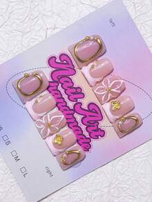 10 件鸭嘴风格手工指甲贴，Y2K Baddie 设计，裸色、粉色、白色，带法式指甲贴、雕刻、渐变色、珍珠、星星元素，适合女士和女孩、派对、日常佩戴，包含工具包，是送给她的绝佳礼物，按压式指甲美甲用品 - 彩色 - 查看 2