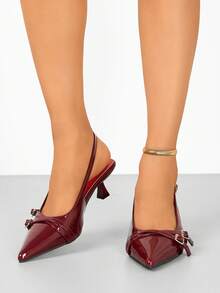 女式尖头细高跟露跟漆皮低鞋面夏季透气春秋工作鞋，带后绑带、双绑带和带扣细节