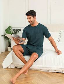 Matching Pajamas For Couples Ribbed Knit Lounge Set Soft Short Sleeve 2 Pieces Sleepwear S-XXLhalloween - 深藍色 - 查看 9