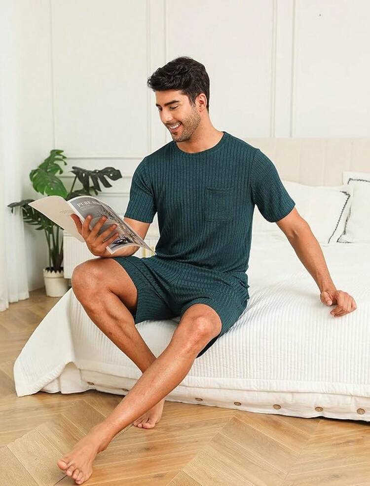 Matching Pajamas For Couples Ribbed Knit Lounge Set Soft Short Sleeve 2 Pieces Sleepwear S-XXLhalloween - 深藍色 - 查看 9