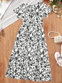 Bohemian Style Paisley Print Short Sleeve Midi Dress, Girls Holiday Casual Dress, Summer Gift - Black - View 3