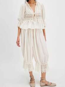 Women 2 Piece Boho Pants Set Short Sleeve Lace Patchwork Ruffle Hem Tops Shirts Drawstring Elastic Waist Long Pants Casual Outfits Beach Vacation Clothes - 白色 - 查看 1