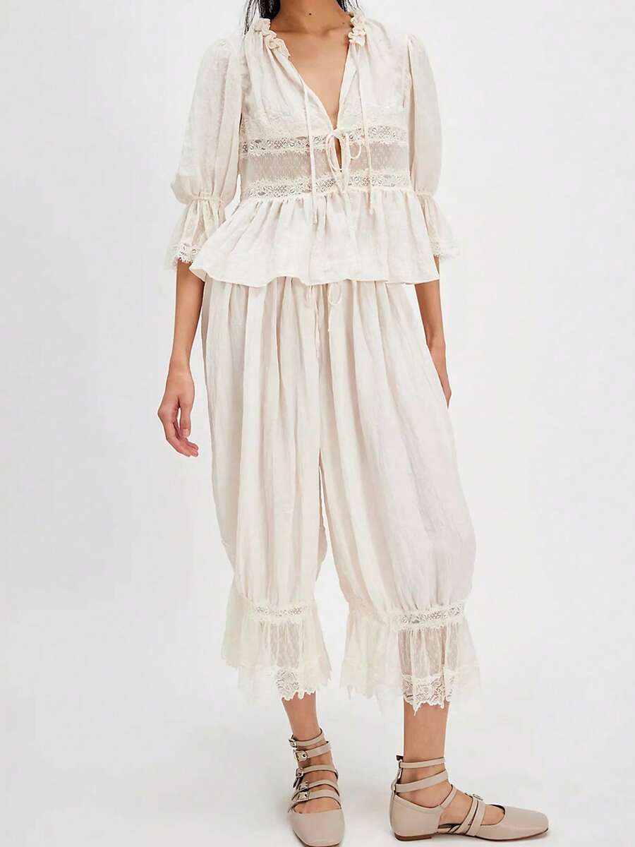 Women 2 Piece Boho Pants Set Short Sleeve Lace Patchwork Ruffle Hem Tops Shirts Drawstring Elastic Waist Long Pants Casual Outfits Beach Vacation Clothes - 白色 - 查看 1