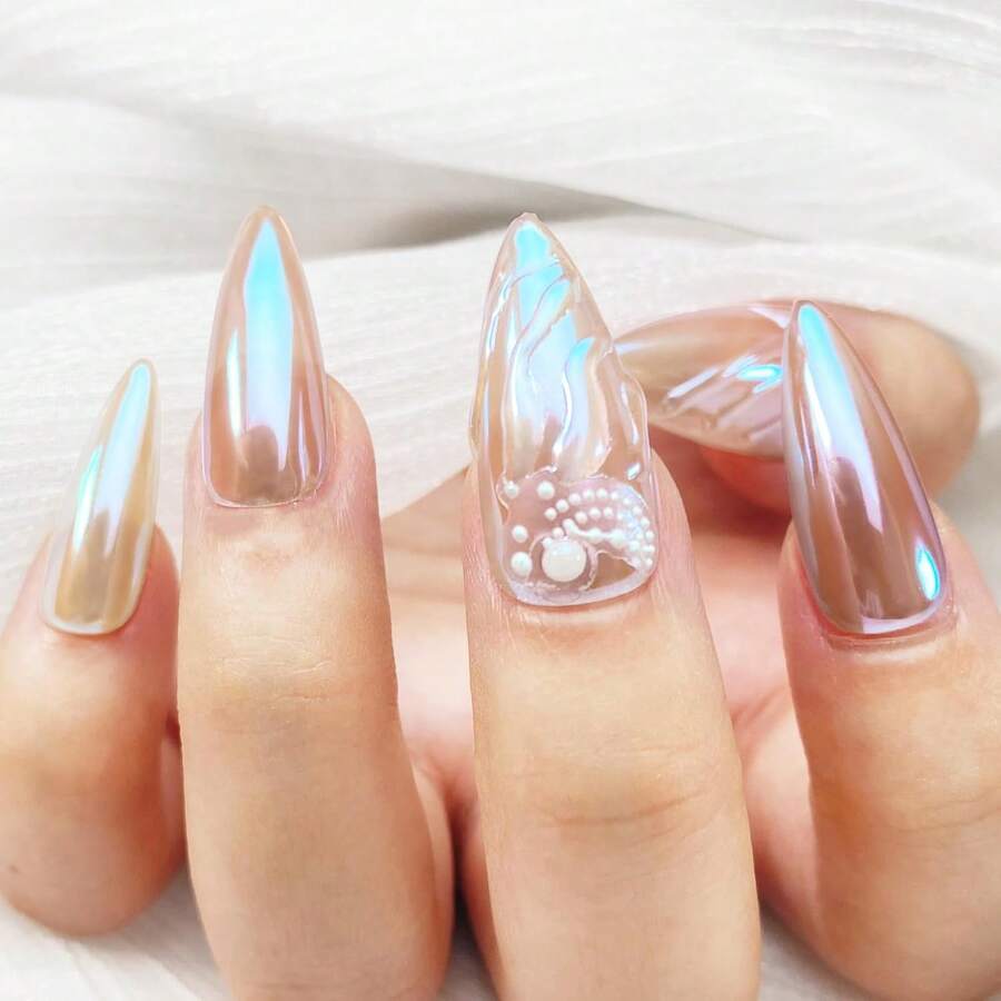 Unicorn Chrome Nail Powder, Aurora Unichrome Mermaid Aurora Nail Powder Pigment Pearlescent Nail Art Glitter Decoration For Home DIY Nail Salon Manicure - Glacier Ocean,7118442 - 淺藍色 - 查看 1