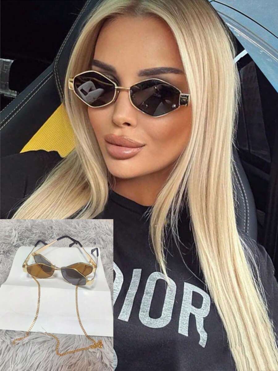 2pcs Glasses With 1pc Glasses Chain, Retro Geometric Stylish Glasses, Women's Small Metal Frame Fashionable Glasses, Women's Fashionable Glasses, Beach Accessories, Women's Glasses, Basic Autumn/Winter Women's Wear, Business Casual Gift, Butterfly Shape - B-2PCS (black + Brown) + Chain - View 1