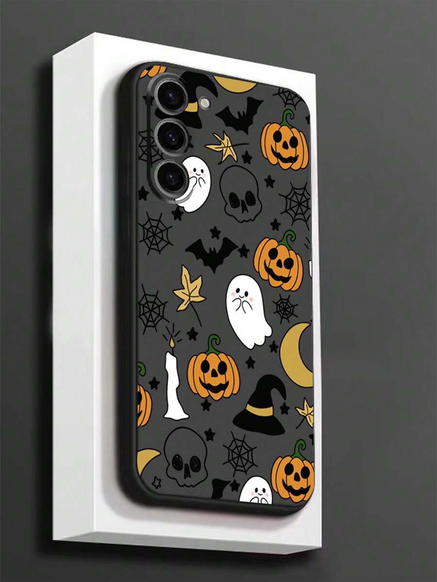 1 Pack Halloween Pumpkin Lamp, Skull, Bat, Ghost, Cobweb Printed Anti-Drop Anti-Slip Black Phone Case, Compatible With IPhone, Compatible With Honor, Compatible With Redmi, Compatible With Galaxy, Phones Waterproof Shockproof Scratch Resistant - Black - View 1