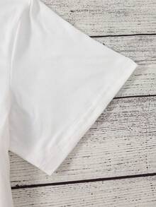 Fashionable Ladies, Cartoon Pattern Printed Short Sleeve Round Neck T-Shirt, Fashionable Short Sleeve T-Shirt, Casual Summer Daily Wear, White Tops, Casual Shirts, Suitable For Spring, Summer And Autumn, Ladies T-Shirt, Fashionable And Cute T-Shirt, - 白色 - 查看 4