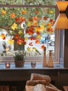 1 pièce Autocollants de fenêtre pour la décoration d'automne à la maison, avec série de petits oiseaux dessinés à la main et de branches, y compris un cardinal, des feuilles d'érable doré, un bulbul, un perroquet, des branches de moineaux. Autocollants statiques pour la chambre, le salon, la cuisine, la salle de bain, l'armoire