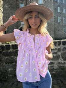 Women Shirt, Fly Sleeve Button-Down Plaid/Floral Loose Summer Tops For Casual Daily - Pink - View 1