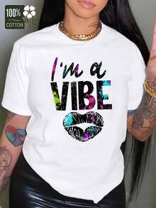 100% Cotton T-Shirt Women's Lips& Letter Print Pattern Round NeckTee, Casual Short Sleeve T-ShirtFor Daily Wear, I'm A Vibe Art Graffiti Graphic Tees Women Tops - 白色 - 查看 1