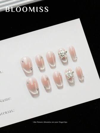 10 片手工制作短款按压指甲，粉色指甲，夏季指甲，可重复使用假指甲美甲用品指甲