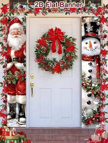 2 pièces/paquet Panneau de porte de Noël style aquarelle 30*180cm Matériau polyester Père Noël Bonhomme de neige Panneau de porte de Noël Couplet Joyeux Noël Décoration de maison 2025 Décoration suspendue de Noël Décoration de porche Panneau Cadeau Bonne Année 2026 Décoration d'hiver des fêtes - Multicolore - Voir 10
