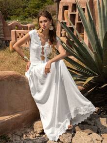 Faeriesty BohoBloom Lace Trim 2 Pieces Set: Sleeveless Cardigan Top And Flowing Midi Skirt - Essential Vacation Outfit (Beach, Garden Party, Holiday Wear) - White - View 4