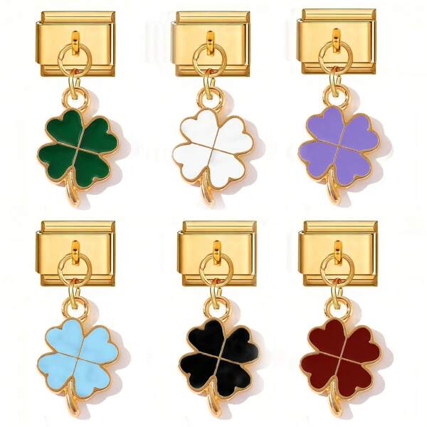 Conjunto de pingentes de ouro em aço inoxidável, acessórios de pingente de trevo de quatro folhas multicoloridos, joias artesanais DIY, amuletos da sorte e da fortuna para uso diário e presente