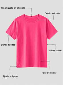 Camiseta de cuello redondo y manga corta en color liso, Camisas casuales de mujer - Rosa Fucsia - Ver 7