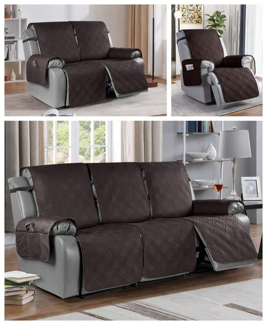 1/2/3 Seat Waterproof Recliner Sofa Cover, Non Slip Recliner Chair Covers, Washable Reclining Couch Cover Outdoor Cushion Covers Garden Furniture Protector With Elastic Straps Pocket For Pets, Cats, Dogs Coffee Brown - 咖啡棕 - 查看 1