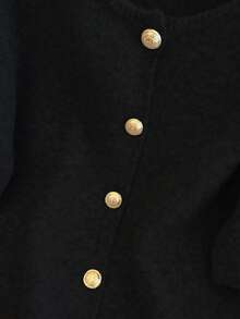 1pc Women's Solid Color Metallic Button Sweater, Casual Round Neck Short Sleeve Cardigan, Versatile Knit Sweater Tops, Fall/Winter - Black - View 6