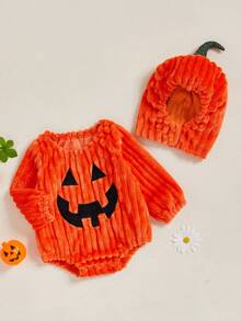 Infant Baby Halloween Bubble Romper Pumpkin Ghost Embroidery Long Sleeve Bodysuit With Hat Clothes Set - Orange - View 4