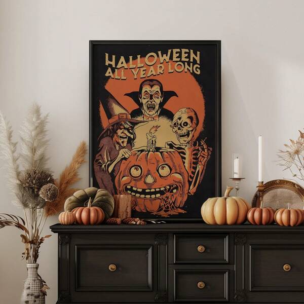 1 pieza Cuadro de arte de pared retro Impresión de lienzo de Halloween espeluznante, Decoración de Halloween para dormitorio, sala de estar u oficina, Cartel de arte de Halloween retro, Regalo de fiesta de Halloween para ella, Sin marco o con marco