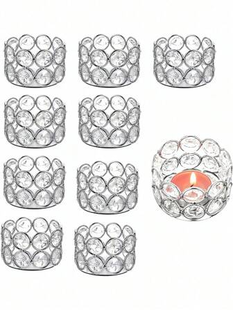 12pcs Crystal Candle Holders, For Wedding, Home Party, Center Decor, Room Decor, Halloween Decor, Autumn Table Center Decor, Bedroom Modern Lighting, Creative Gift (Silver, Gold)