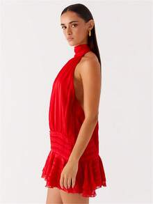 Women's Pleated Waist Sheer Mesh Ruffle Mini Dress Summer Casual Halter Neck High Neck Bodycon Short Dress Self-Tie Backless Sundress Party Clubwear - Đỏ - Xem 5