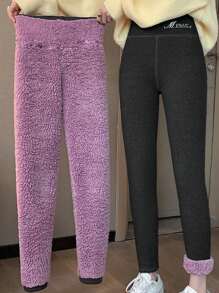 1pc 400g Thick Cloud Fleece Leggings For Women, High Waist Thermal Lined Pants, Warm Christmas/New Year Gift - Multicolor - View 4