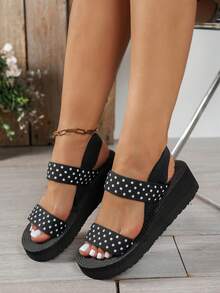 Women's New Fashion High Heel Casual Vacation Polka Dot Platform Wedge Roman Sandals, Minimalist Indoor Slippers Suitable For Students, Office Workers, Beach, Hotel - Black - View 3