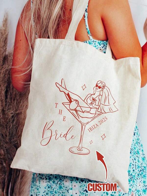 Custom Bride Tote Bag Hen Party Bag For Her Fun Cocktail Glass Design Stylish Wedding Gift Idea For The Bride-To-Be, Bachelorette Party Or Wedding Custom Tote Bag | Coastal Bridesmaid Bag | Summer Welcome Bag | Beach Wedding Favor