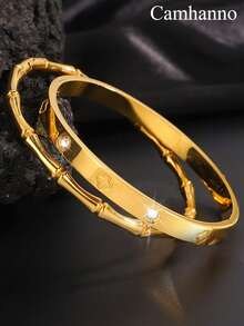 Camhanno 两件简约时尚、优雅迷人的不锈钢竹节锆石手链，不同形状和款式组合，为您的美丽加分，适合日常佩戴，送给爱人/闺蜜。 - 金黃色 - 查看 3