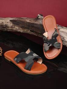 1 双幼儿/儿童时尚迷彩面料圆头一脚蹬柔软沙滩拖鞋，简约设计，可爱校园风格，适合男孩和女孩，日常休闲，旅行，室内，夏季新品