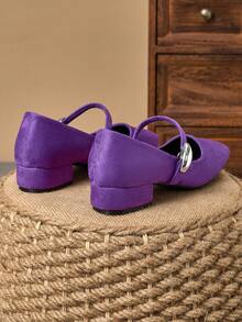 Women's Purple Mary Jane Shoes With 3cm Cloth Covered Chunky Heels, Fashion Versatile For All Seasons - Purple - View 7
