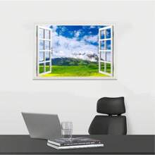Window Wall Mural Sticker -Grassland, Snowy Mountains, Blue And White CloudsFaux Window Wall Mural Wall Decal, Stick And Peel Wall Decor,50x35