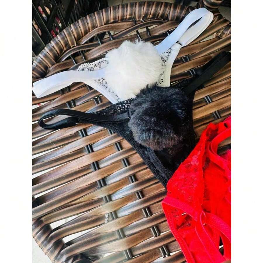 Pompom Bunny Thong With Side Adjustment Bunny Panties - 白色 - 查看 1