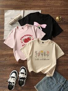 Set de 3 camisetas de manga corta con cuello redondo y estampado casual para niñas, ideal para el verano - Negro - Ver 2