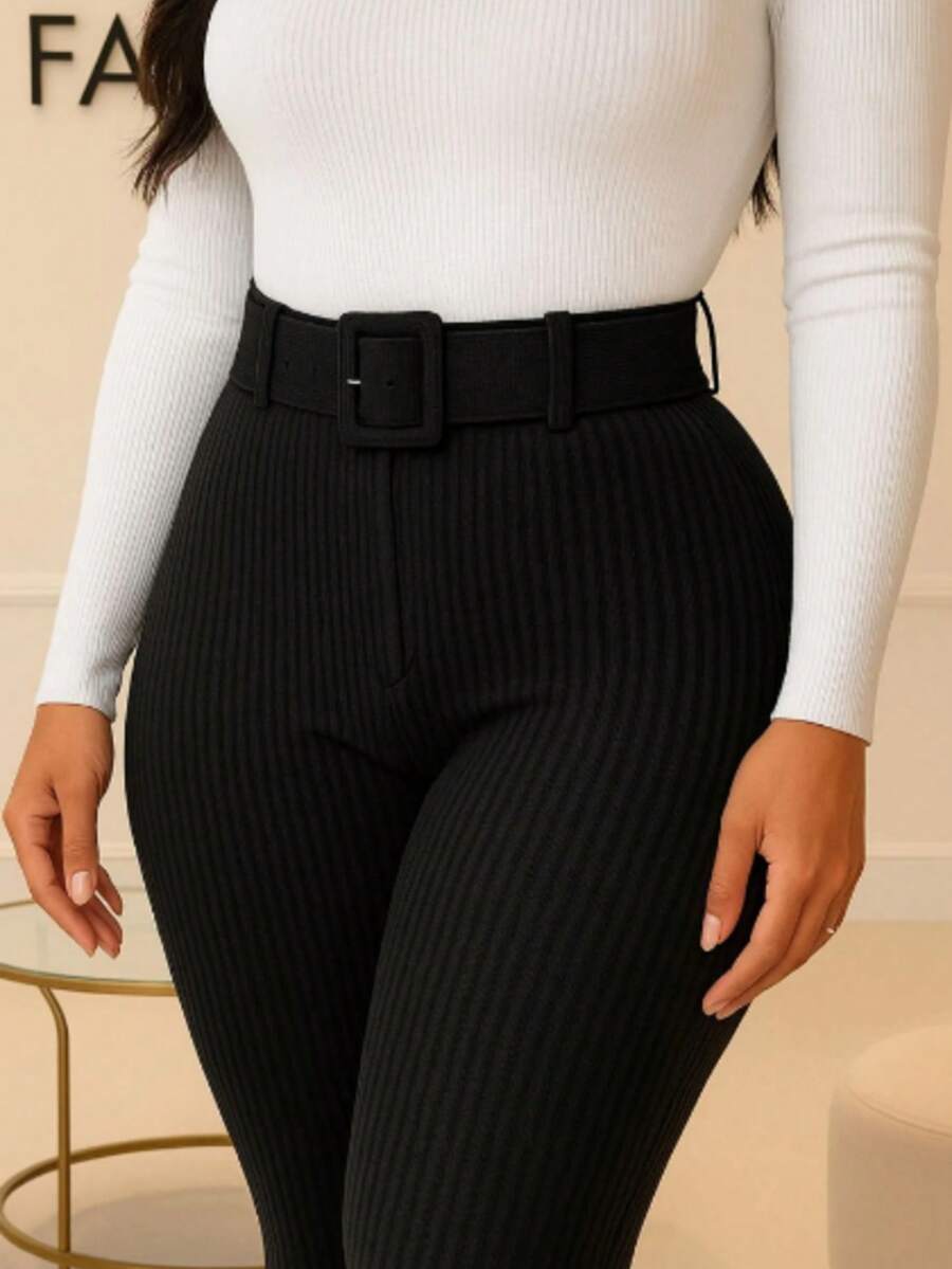 Women's 3D Ribbed Riding Pants Leggings With Belt High Waist Pocket - 黑色 - 查看 1