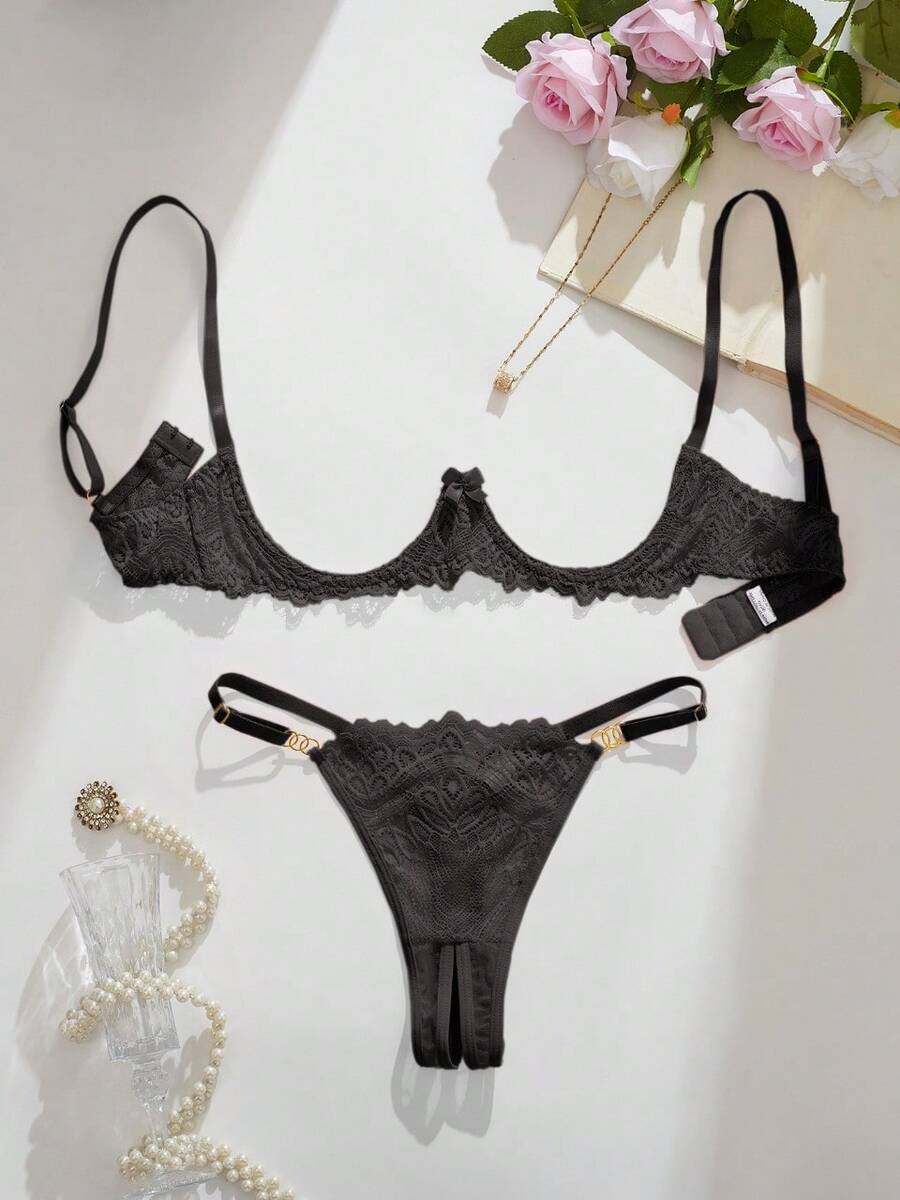 Sexy Lingeries, Fashionable Pink Floral Lace Lingerie Set, No Cup Bra And Panties - Black - View 1
