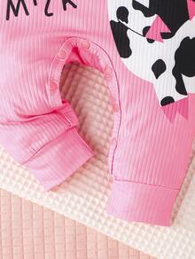 Infant Girls' Spring Autumn Cute Cow Letter Print Long Sleeve Round Neck Jumpsuit Casual Loungewear Set - Multicolor - View 11
