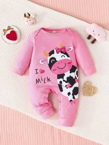 Infant Girls' Spring Autumn Cute Cow Letter Print Long Sleeve Round Neck Jumpsuit Casual Loungewear Set - Multicolor - View 7