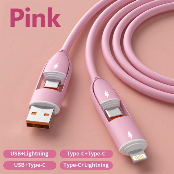 4-In-1 Liquid Silicone Multifunctional Super Fast Charging USB A/Type-C/Lightning LED Lighting Cable, Efficient Data Transfer Compatible With IPhone 16/15/14/13/12/11/Xs/Xr/8/7/6, S24 Ultra/S24/S23 Ultra/S23/S22/S21, Universal Data Cable