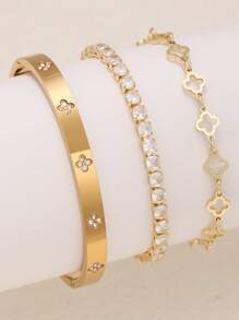 Luxury Sparkling Lucky 4-Leaf Clover Shape Zirconia Stainless Steel Bracelet & Bangle Set For Women, Elegant Daily Wear And Gift - Yellow Gold - View 16