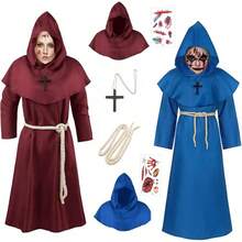 Friar Medieval Monk Robe Renaissance Priest Robe Necklace Halloween Cosplay Costume Adult Teens Long Cape - Màu Đỏ Sâu - Xem 4