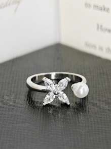 MOONSO 1 anel elegante de zircônia e pérola ajustável, estilo aberto, para mulheres, versátil para festas e reuniões