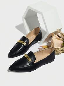 2025 New Arrival Black Loafers For Women, English Style Flat Pointed Toe Slip-On Shoes, Metal Chain Decor, Versatile Casual Thick Sole Thin Penny Loafers - Black - View 1