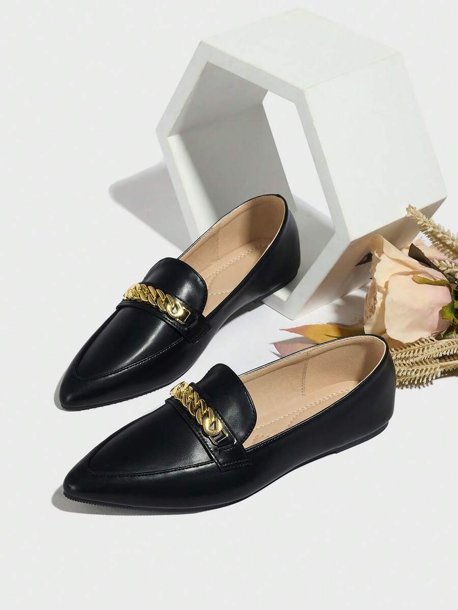 2025 New Arrival Black Loafers For Women, English Style Flat Pointed Toe Slip-On Shoes, Metal Chain Decor, Versatile Casual Thick Sole Thin Penny Loafers - Black - View 1